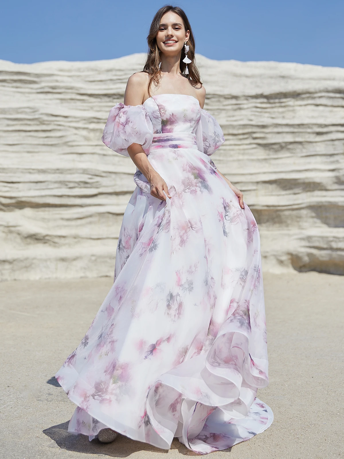 Elegante vestido de novia Floral rosa para mujer, vestidos de novia de Organza con cordones en la espalda y mangas hinchadas, vestido de baile de jardín de marfil, 2024