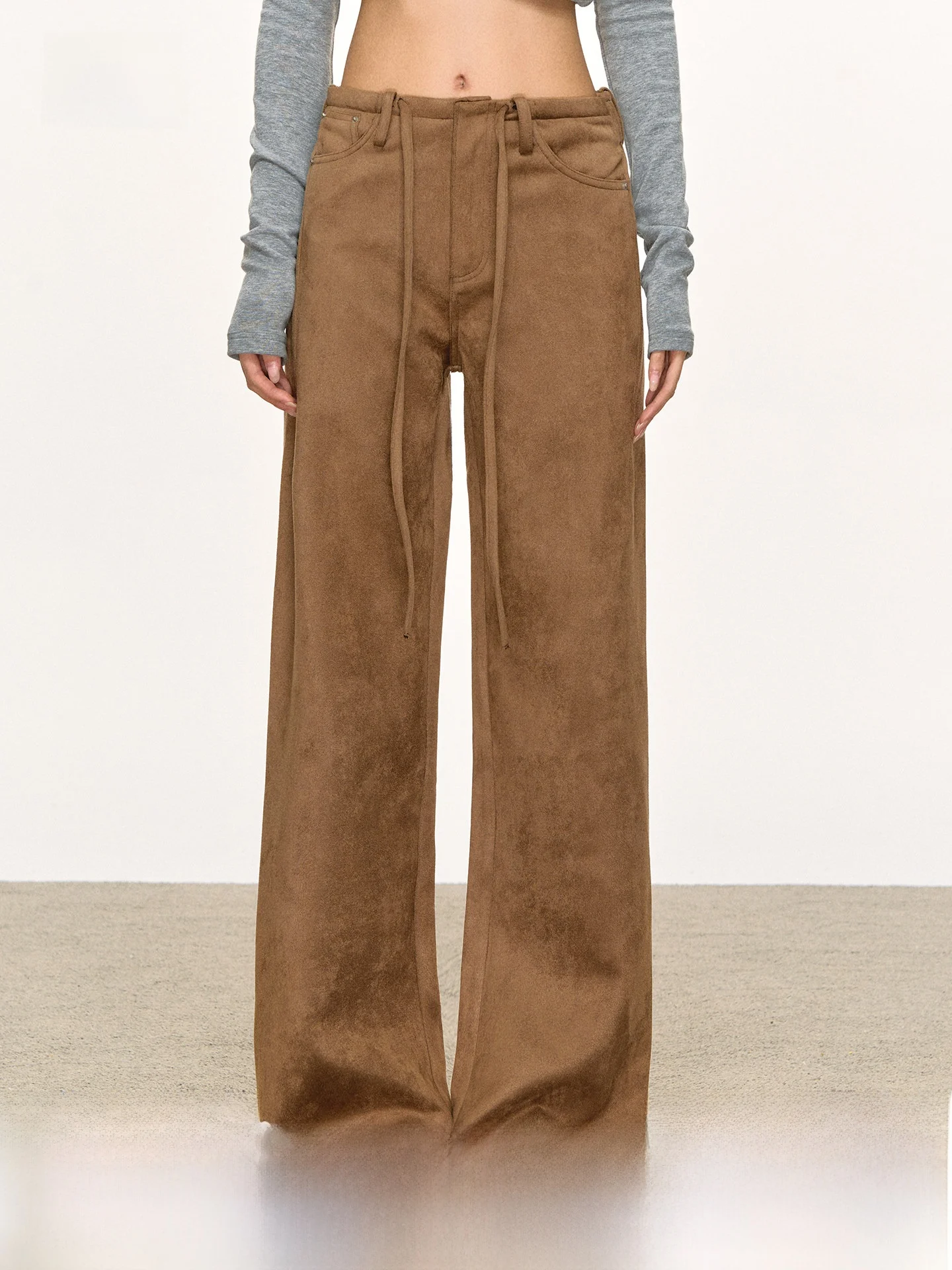 

Женские повседневные брюки Anna Aneae Brown Dstring в стиле ретро, осенне-зимние, свободные, прямые, эластичные, утягивающие, длинные