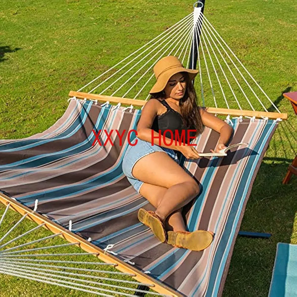 Two-person Stripe Outdoor Hammock with Spreader Bar Double Hammock with Chains Lazy Hanging Bed Portable Leisure Camping Hammock