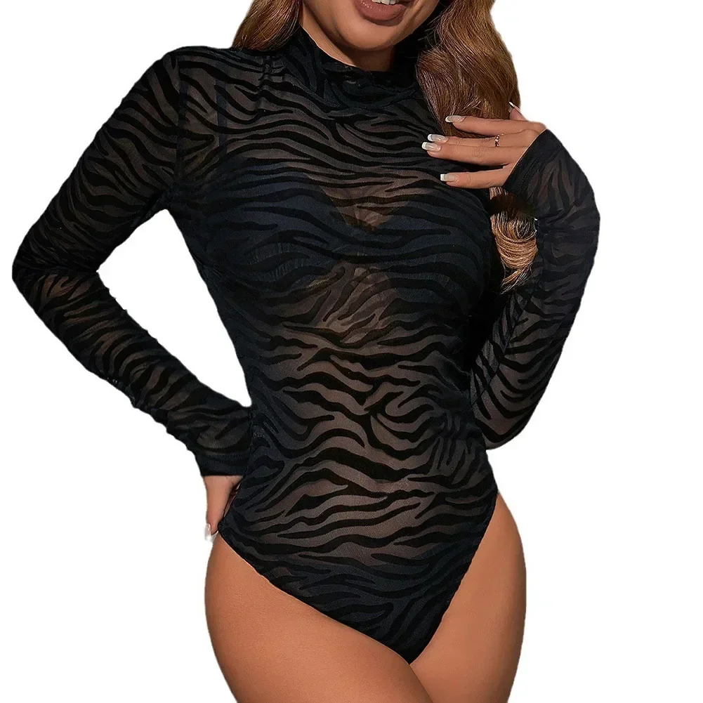 Women\'s Lace See Though Bodysuits Long Sleeve Solid Color Romper Bottom Thin Sexy Nightclub Jumpsuit Tops