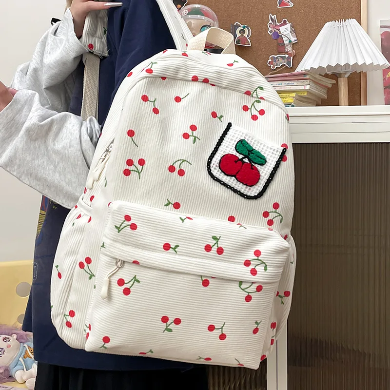 Corduroy Backpack Cherry Pattern Women Travel Daypack Adjustable Strap Laptop Backpack Zipper for Work Shopping School Mochilas