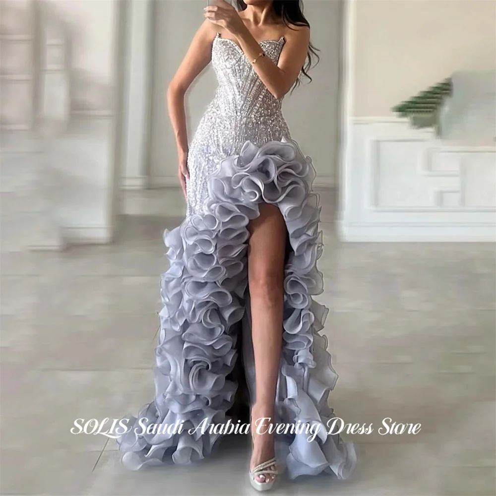 

SOLIS Light Grey Party Dresses Strapless Evening Dresses Tiered Ruffled فساتين السهرة Beaded Bodice Sweet Customized