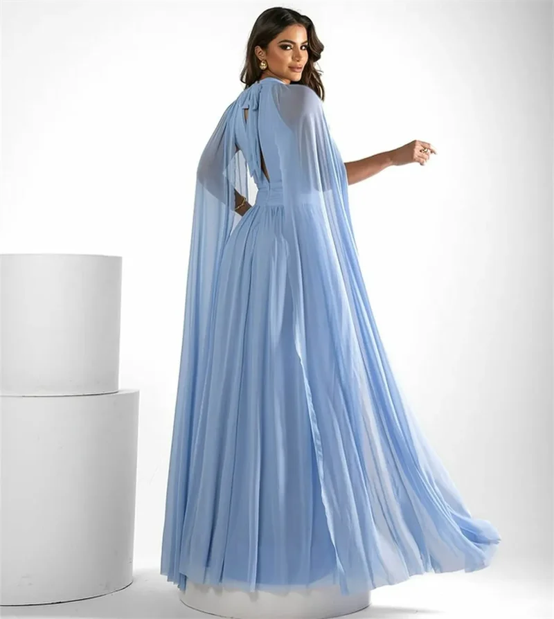 Classy Long Light Blue Cape A-Line High Neck Chiffon Pleated Prom Dresses With  Floor Length Zipper Back Prom Dresses