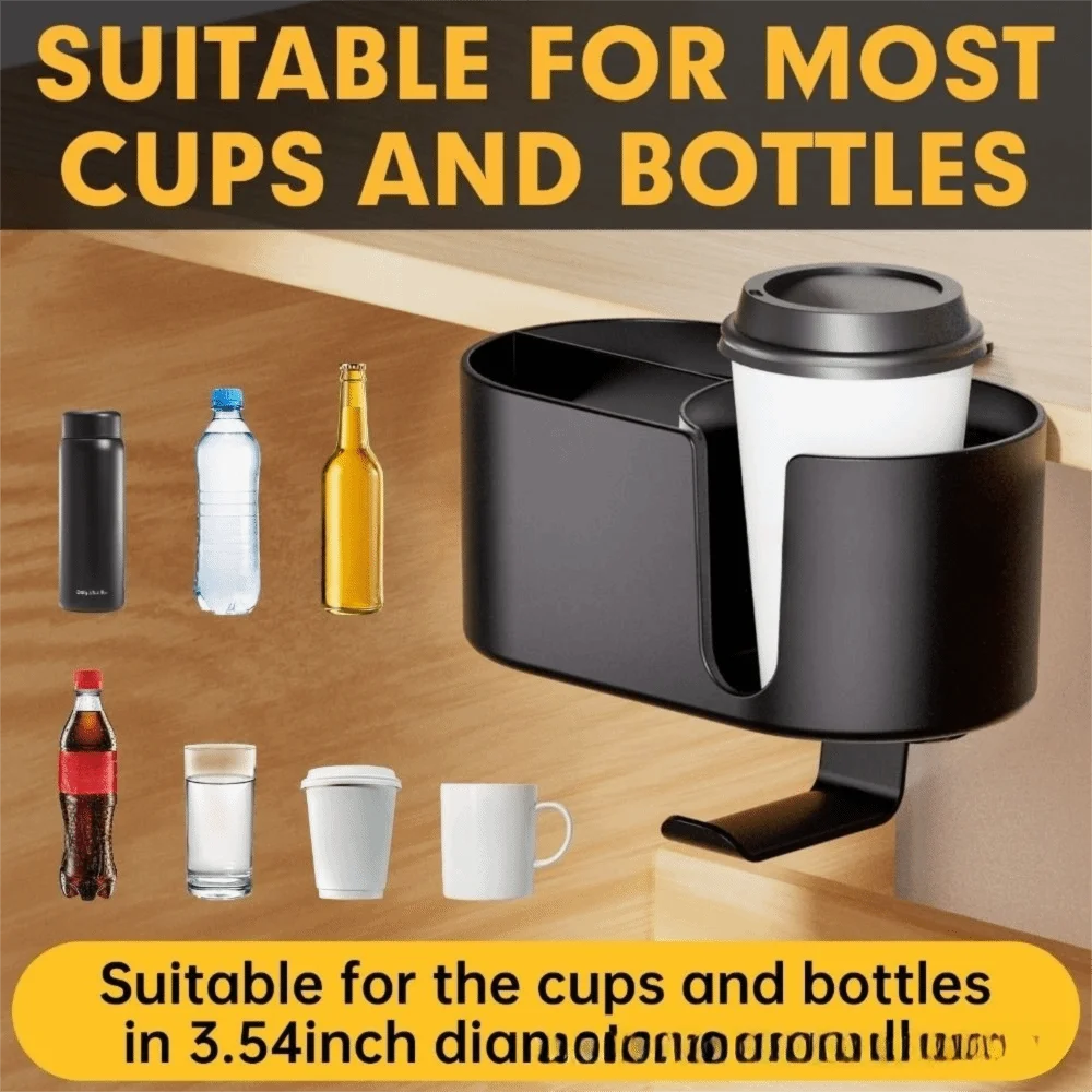 

Aluminum Alloy Desk Cup Holder ABS Plastic Black 2 in 1 Desk Storage White Clamp Design Clip-on Cup Holder Organizer Chair