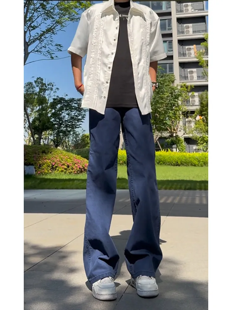 Blue French Work Flared Jeans Men's Spring Summer Cleanfit High Street Long Leg Workwear Pants Loose Fit mid Waist Zipper