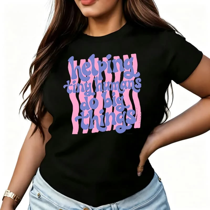 Preppy Helping Tiny Humans Teacher Women's T-Shirt 100% Cotton Funny Graphic Short Sleeve Tee Novelty Shirt Casual Crew Neck Top S-5Xl