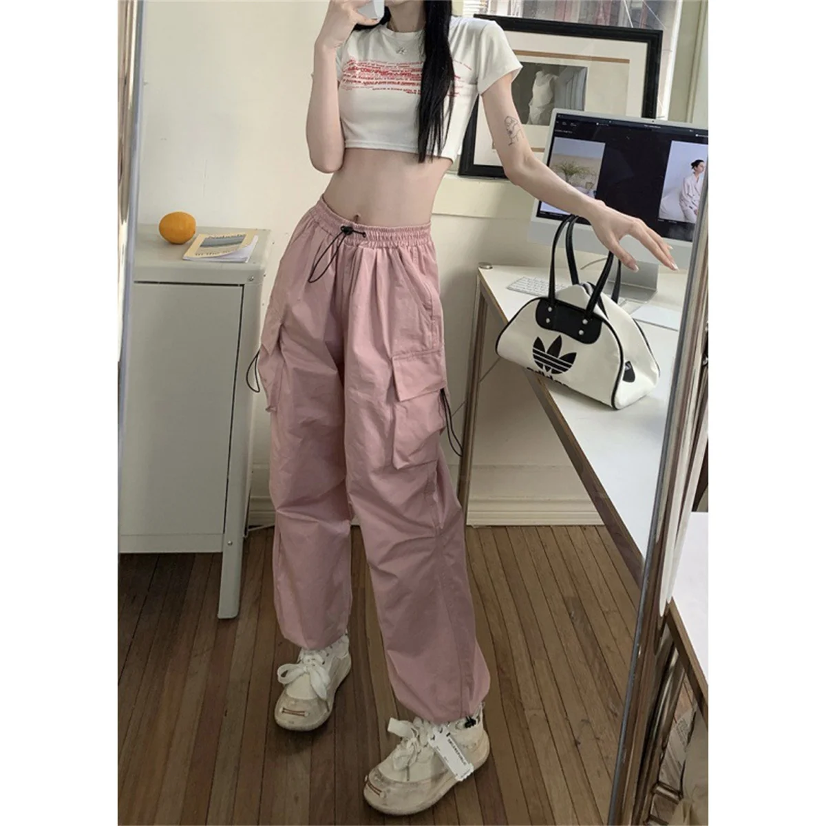 Pink Big Pockets Cargo Pants Women High Waist Cool Outwear Baggy Tactical Trouser Fashion Hip Hop Joggers Trousers Female Pants