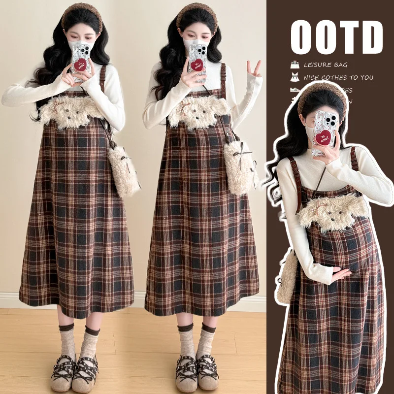 maternity-set-2026-spring-autumn-sweet-cute-plush-dog-plaid-suspender-dress-and-knitted-base-top-two-piece-set-for-pregnancy