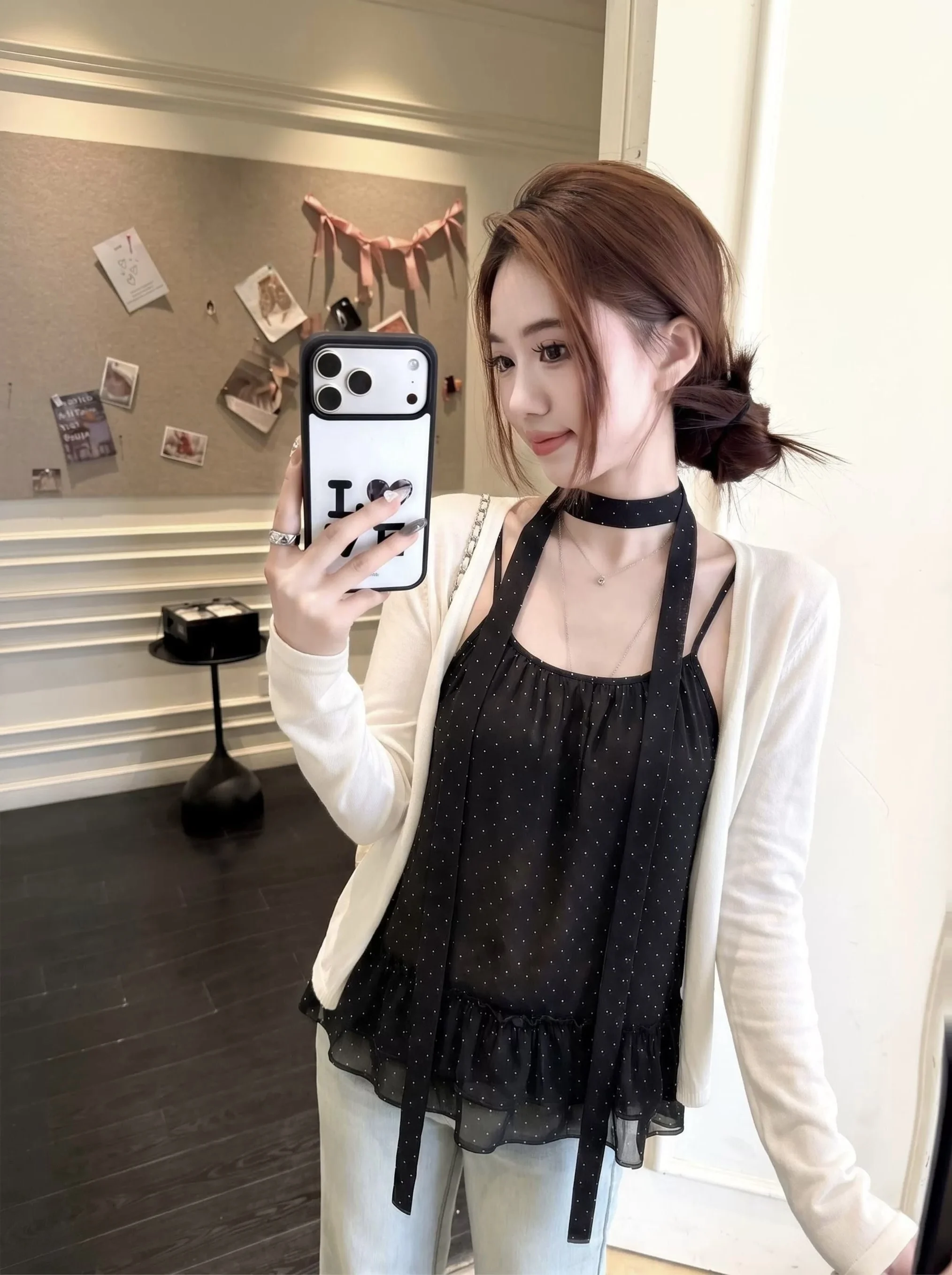 Fashionable Two-Piece Set Long Sleeve  Color Cardigan Women's Summer Inner Checkered Tube Top Vest Set round Neck Printed