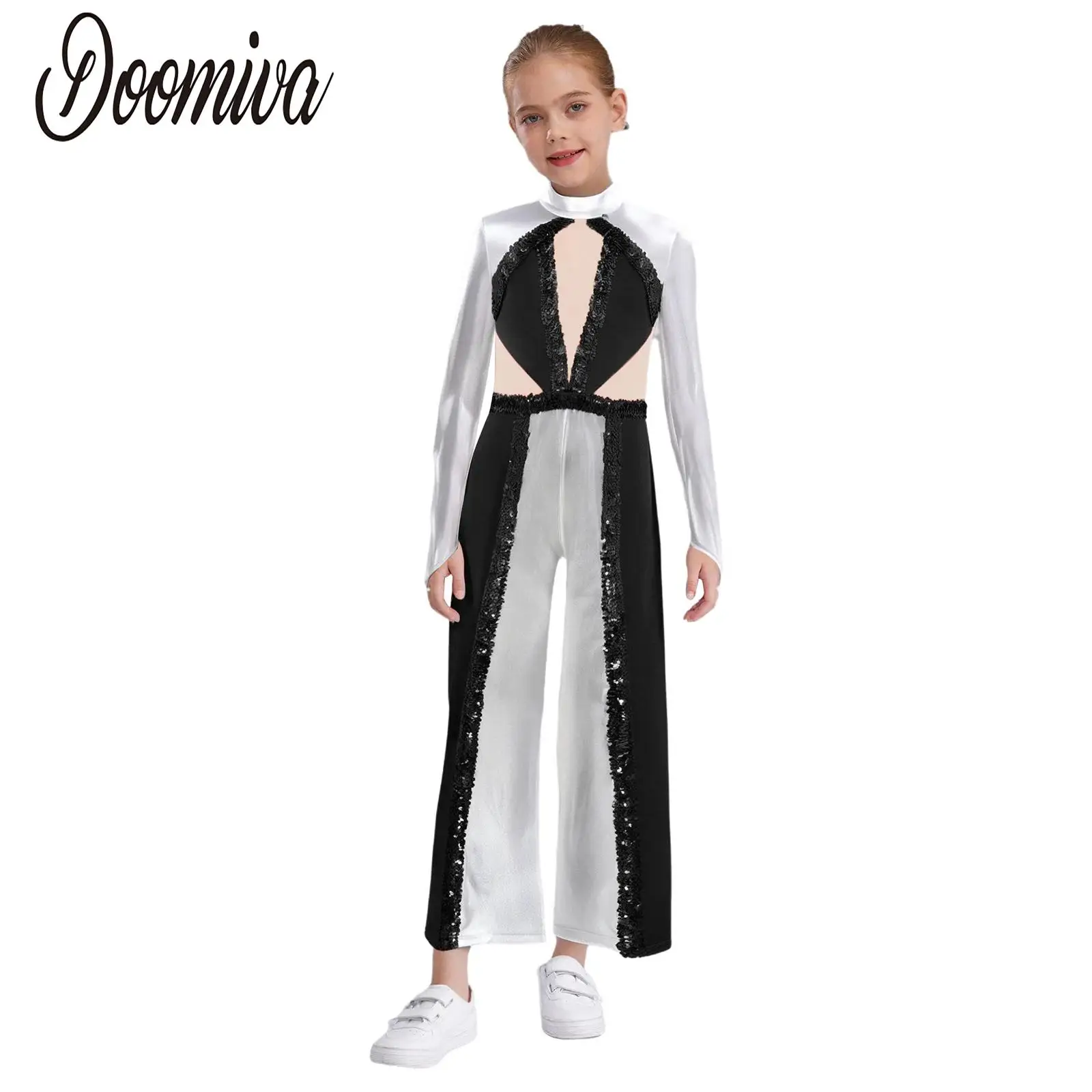 

Kids Girls Disco Jazz Dance Costumes Sequins Color Block Metallic Dance Jumpsuit Retro Party One Piece Figure Skating Dancewear