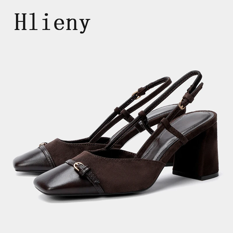 

Hlieny Дизайнерские женские босоножки на массивном каблуке в стиле ретро, коричневые замшевые туфли с пряжкой на ремне и квадратным носком, женские туфли-лодочки с открытой пяткой