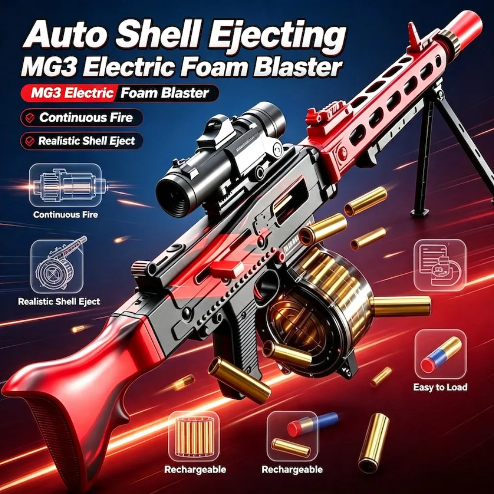 MG3 EVA Soft Bullet Toy Gun Shell Ejection Design with Drum Mag Chicken Eating Machine Gun Model Shooting Game Birthday Gift