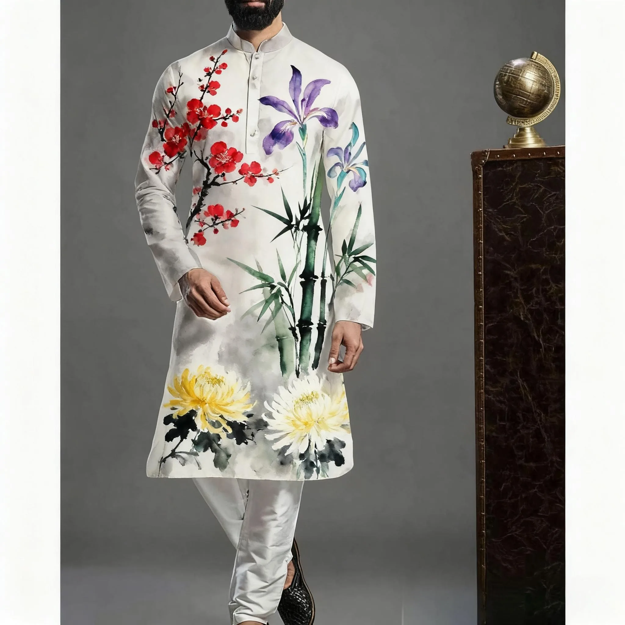 قميص كورتة إسلامية ملابس رجالية قفطان شعبي Musulman Kurta ملابس إسلامية هندية قمصان مطبوعة بأكمام طويلة