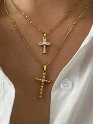 Peri'sbox High Quality Shiny Rhinestone CZ Zircon Cross Pendant Necklace for Women Girl Stainless Steel Trendy Jewelry Gift 2024