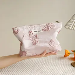 Women's Makeup Bag Pink Bow Large Capacity Lipstick Cushion Storage Bag Commuter Handy Hand Clutch Bag Travel Toiletry Bag