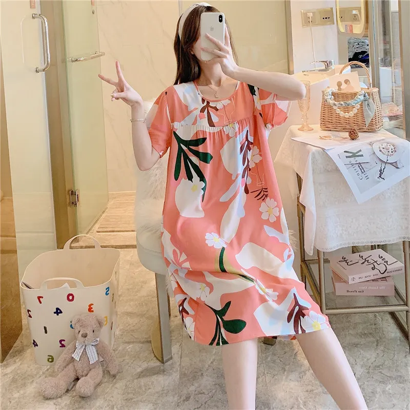 Summer Cotton Silk Nightgown Women\'s Home Wear Short-Sleeved Cartoon Print Pajamas Burst Large Size Spring and Autumn Home Wear