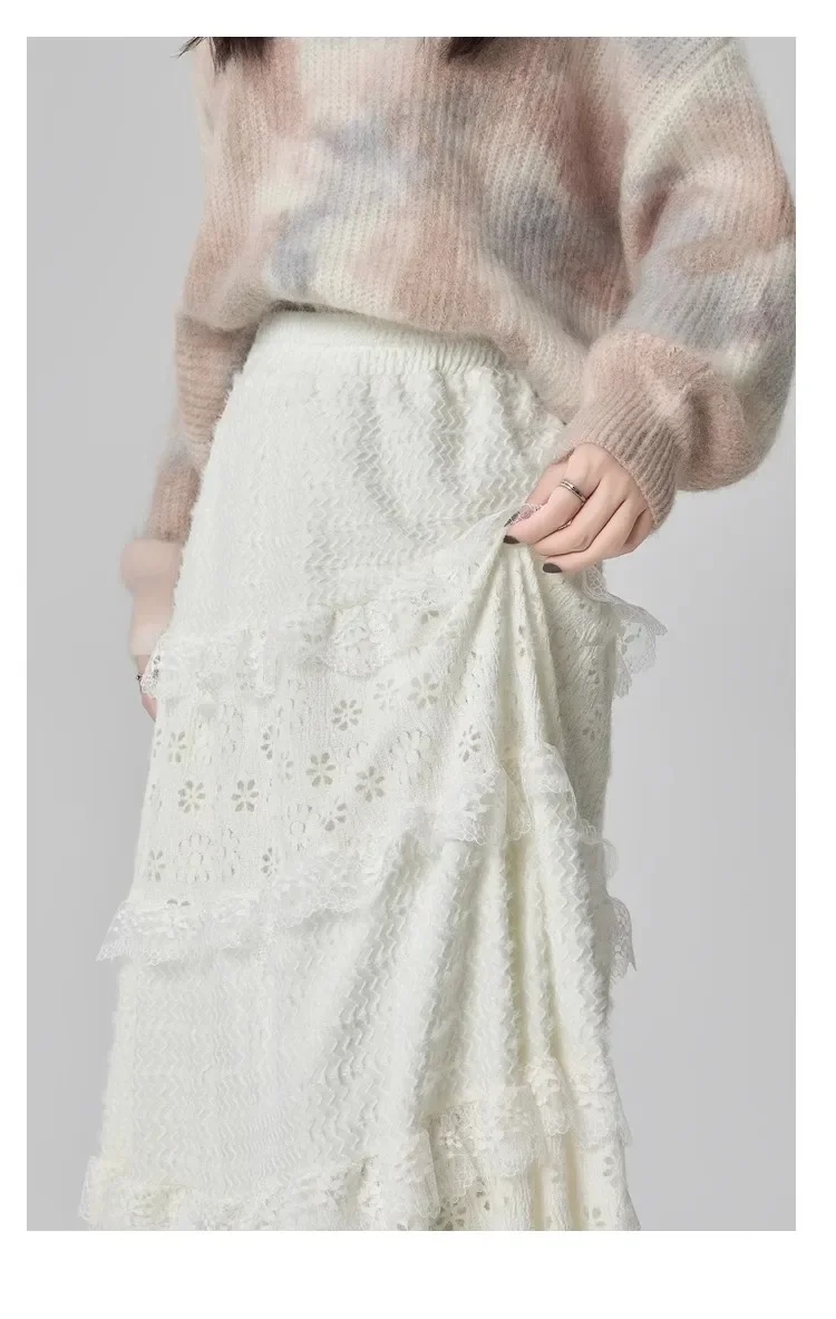 Gentle Wind High Waist A-Line Lace Splicing Long Skirt Women's Fairy Tale Cake Skirt Mid-Length Midi Skirt for Autumn Winter