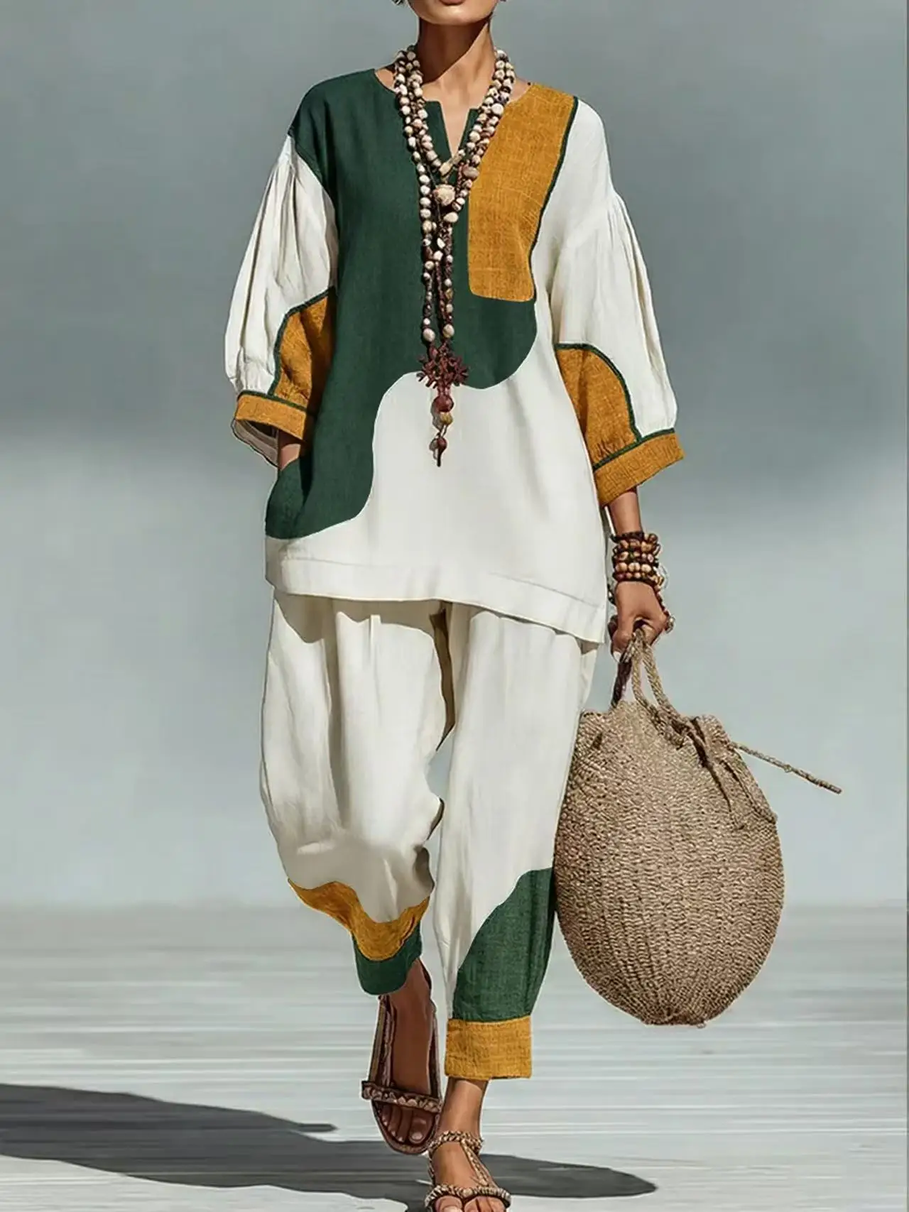 

Spring Geometric Print Vintage Clothing Woman Outfit Chic Ethnic Style Lantern Sleeve Top+Pants Set Summer Loose Vacation Suit