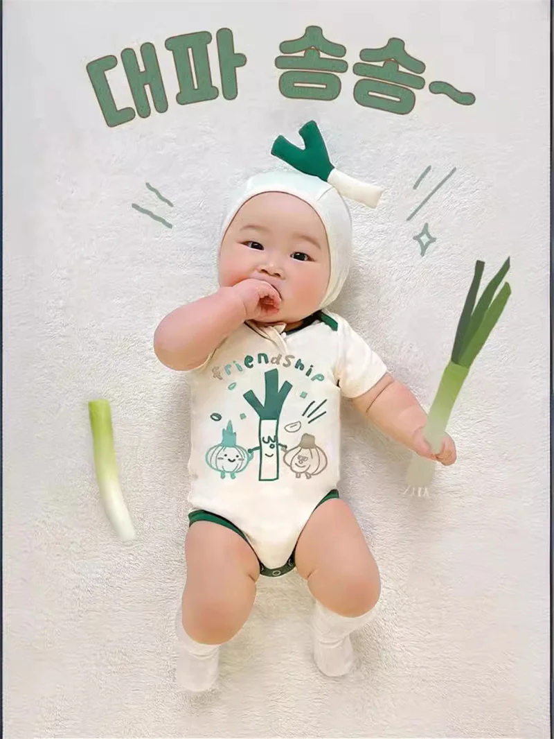 2024 Funny Summer Baby Boy Girls Clothes Korean Romper Bodysuit Cotton Short Infant Scallion Pattern Onesie Jumpsuits  With Hat