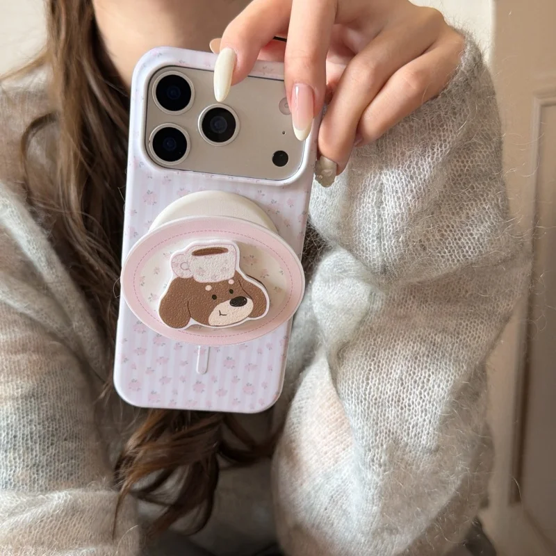 

Korean Ins Stripes Pink Flower Magnetic Phone Case For iPhone 16 Pro 17 15 Pro Max Back Cover with Stand Hard Protective Cases F