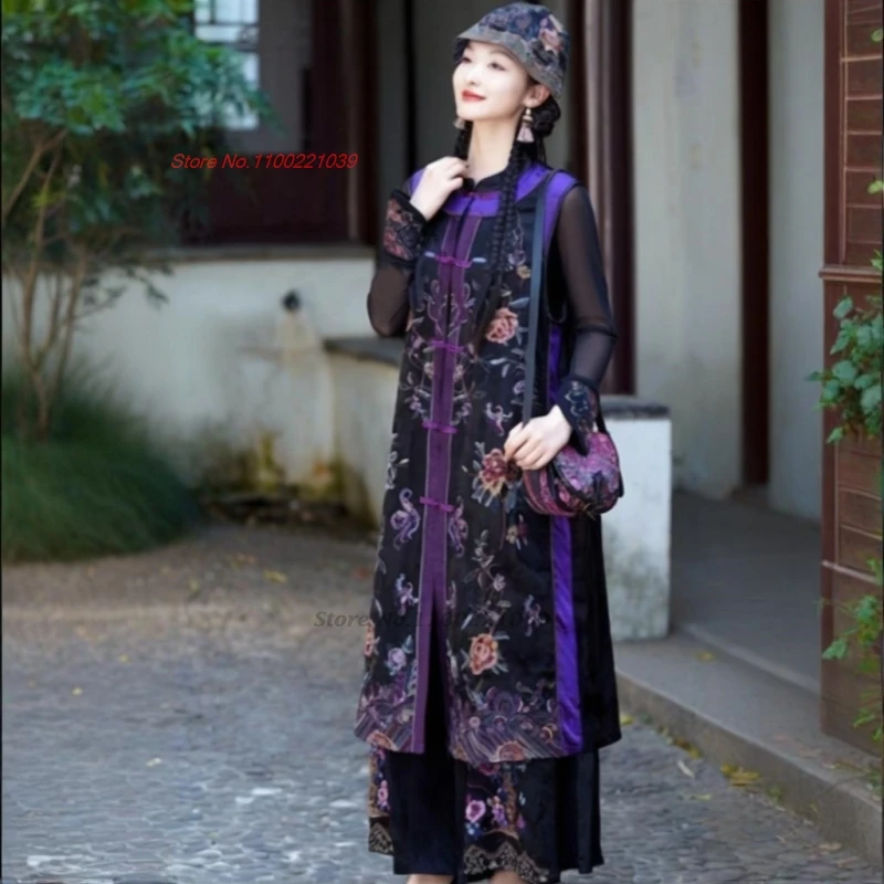 2025 chinois vintage hanfu hauts traditionnel satin jacquard col montant gilet rétro fleur broderie folk gilet sans manches veste