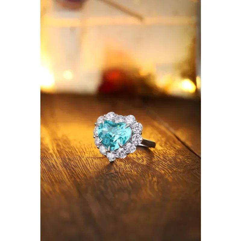 Ruihe New Custom 925 Silver Ring Heart Shape 9.35ct Lab Grown Paraiba Gems Simulated Diamond Zirconia Women Wedding Jewelry