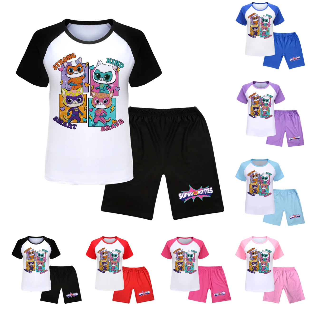 

Superkitties Clothes Kids Summer Pajama Sets Baby Girls Super Cats Pyjamas Teenager Boys Short Sleeve T Shirt Shorts 2pcs Set