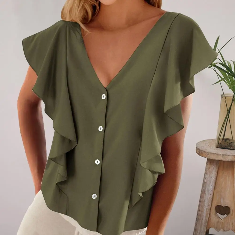 

Women Ruffle Sleeve Shirt Stylish Women's V-neck Ruffle Sleeve Blouses Loose Fit Tops for Summer Streetwear Dressy Occasions