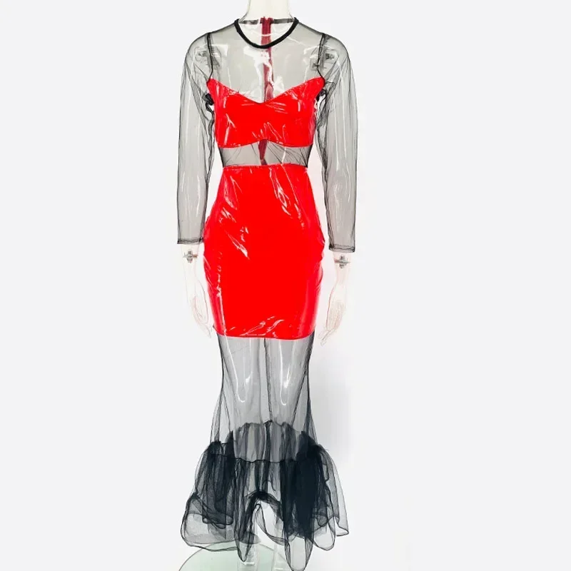 

Plus Size 10XL 2025 Summer Women's Mesh Bright PU Leather Fishtail Sexy Back Hollow Long Night Club Party Dress Mujer Vestido