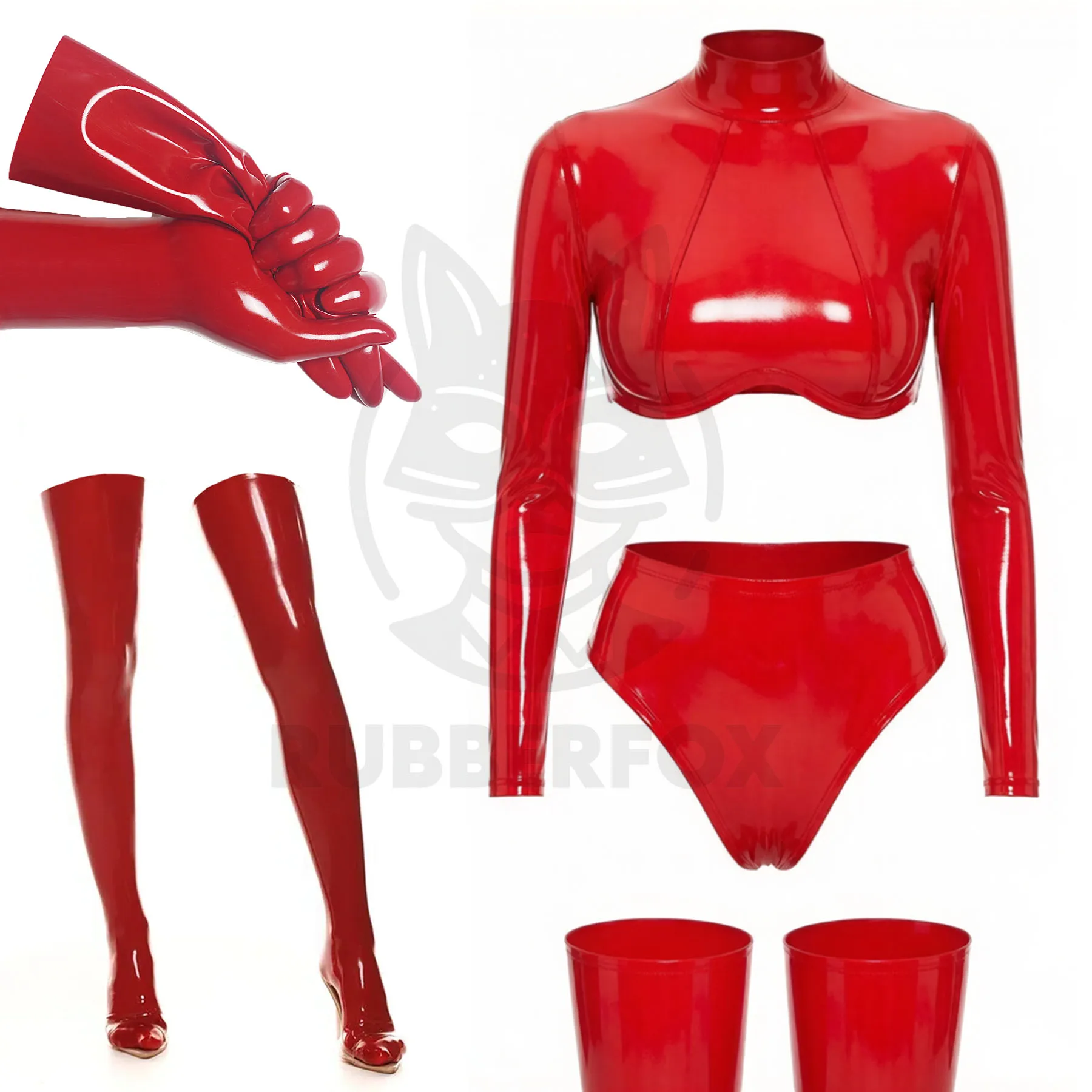 Rotes Gummi-Outfit Crop Top Hochgeschnittene Slips Handschuhe Overknee-Strümpfe Cosplay Party Bühnen-Performance Kostüm