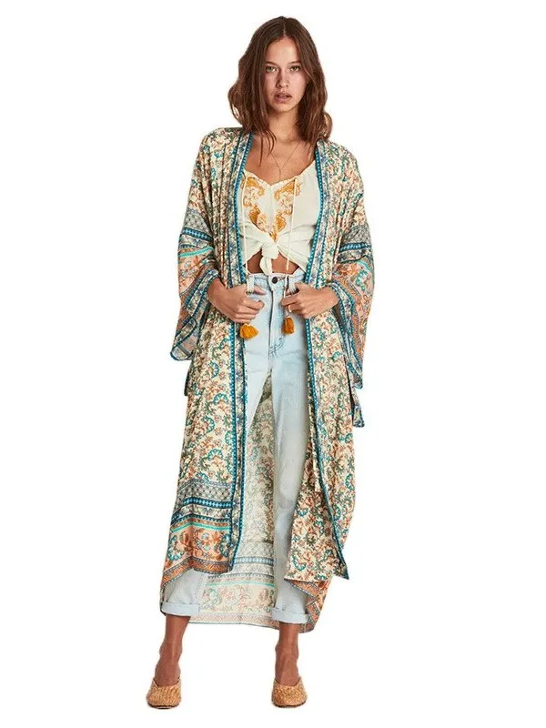 Damen-Sommer-Strand-Druck, Schnürung, Sonnenschutz, Irt, lockere Passform, langer Polyester-Mantel, leicht, für den täglichen Gebrauch, Polyfaser, 00 %