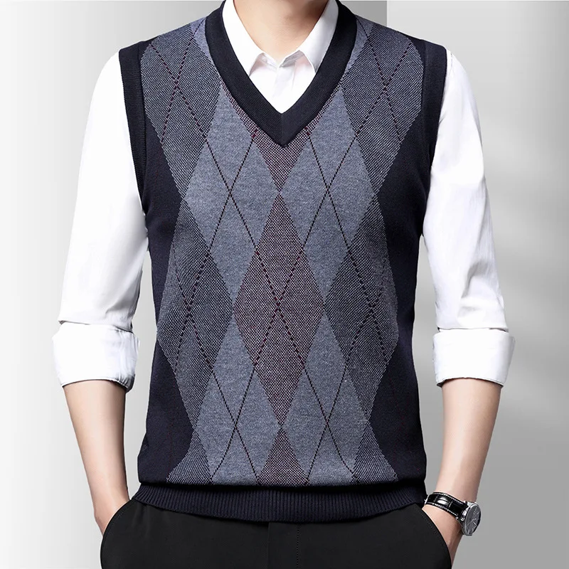 Men's New Season Sleeveless Knitting Sweater Young and Middle-aged Leisure Squares with Thick Warm Vest Waistcoat Jumper