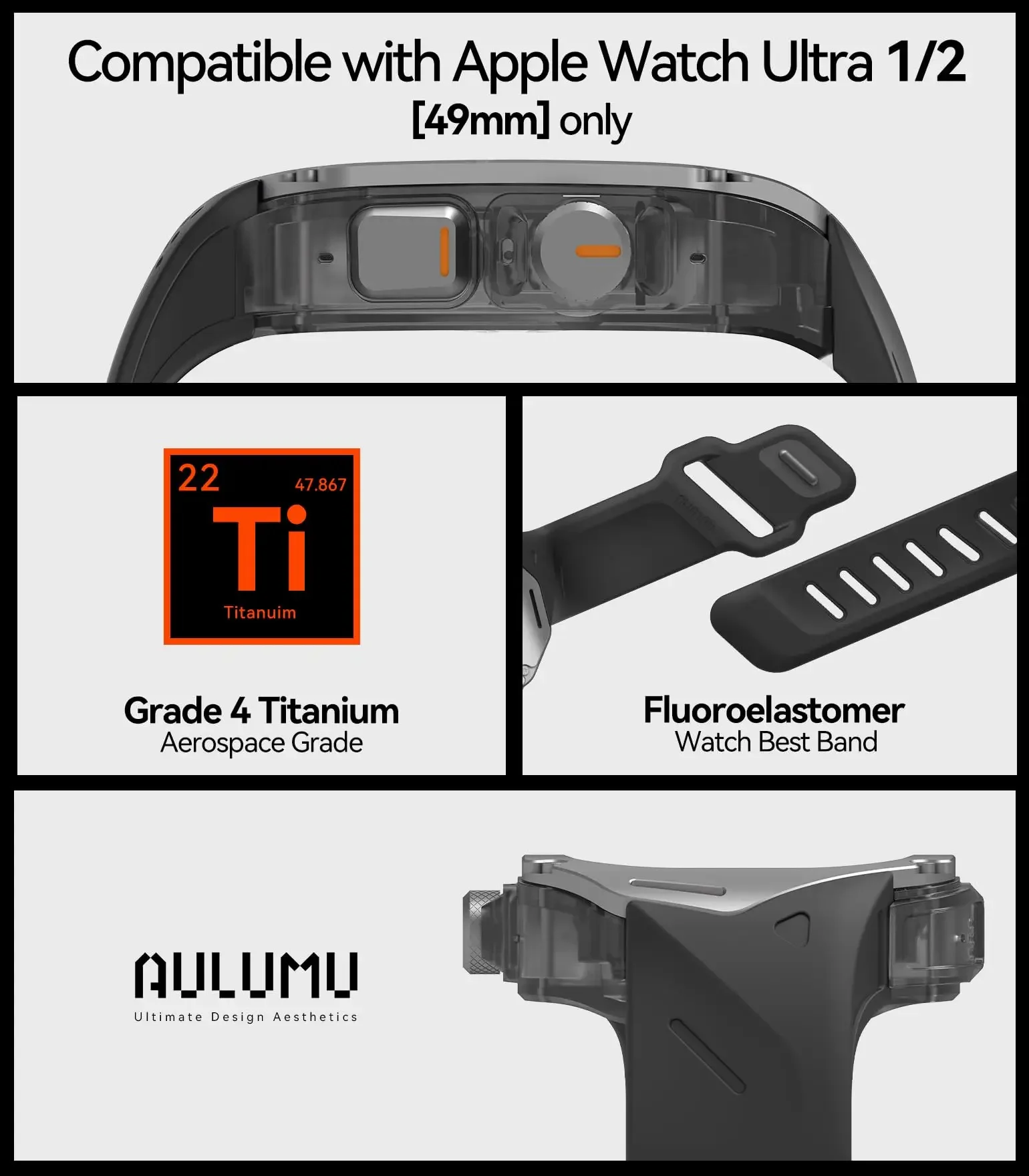 Aulumu A01 Titanium Case straps for Apple Watch Ultra 49mm Luxury Strap Compatible with Apple Watch Ultra 1/2  watch case