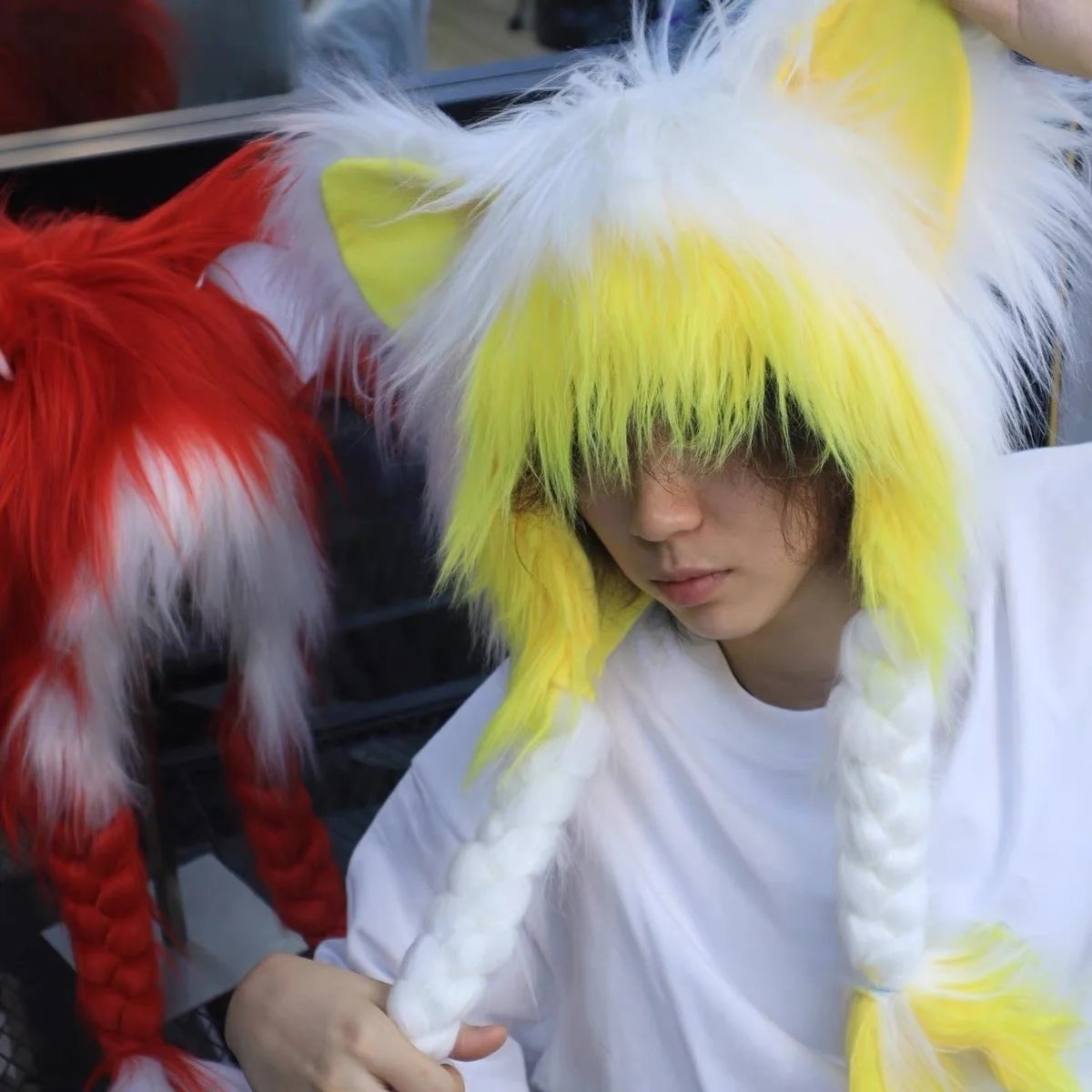 Handmade Fursuit Cosplay Cute Cat Ear Hat Wig Furry Animal Props COS Plush Warm Kigurumi Headwear Halloween Party Earmuffs