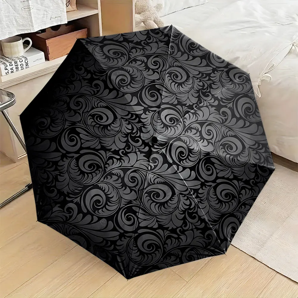 1pc Black curly grass pattern retro Baroque style Print 8 Iron Ribs Folding Umbrella Auto-Open Fashion Sunshade