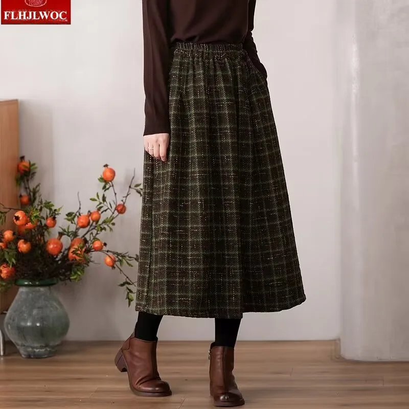 Art Mori Girls Woolen Skirts New 2025 Autumn Winter Basics Woman Cute Sweet Japanese Preppy Style Retro Vintage Long Plaid Skirt