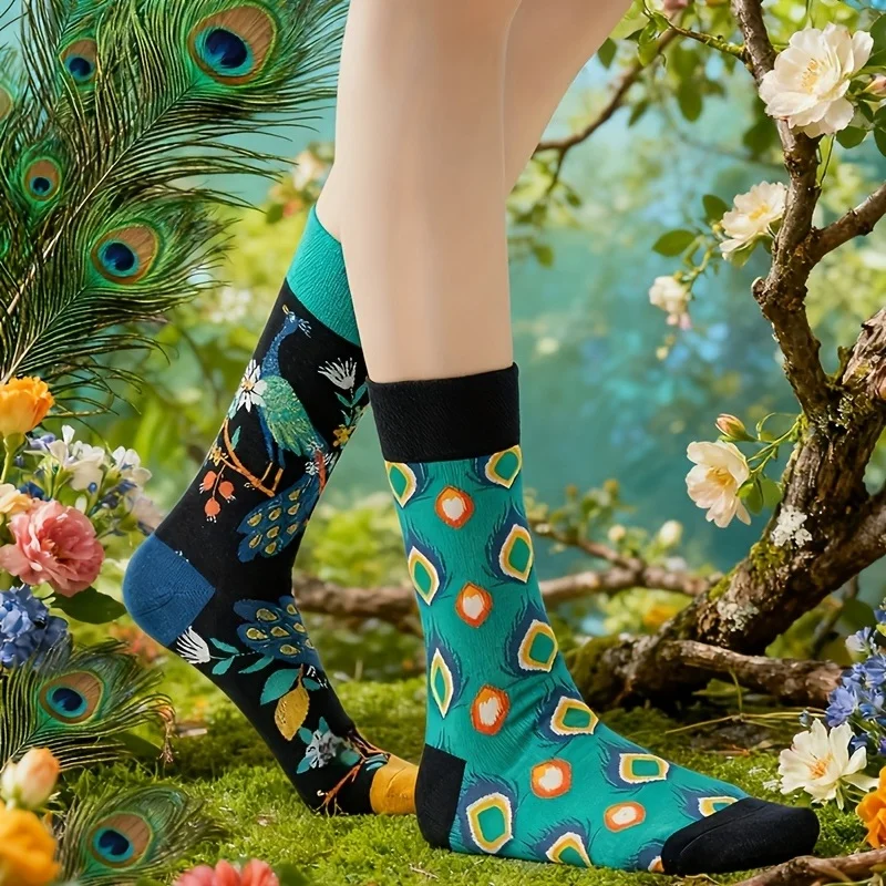1 Paar asymmetrische Socken mit kontrastierendem „Forest Peacock“-Socken in der Mitte der Wade – Baumwollsocken mit künstlerischem Aufdruck und Nischendesign