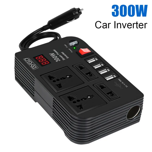 Interruptor de encendido/apagado de protección contra sobrecarga, 4 enchufes de CA, convertidor de 12V CC a CA de 220V, inversor de coche, 4 puertos USB, adaptador de corriente de 300W