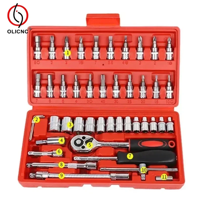 46Pcs 1/4-Inch Socket Wrench Set Car Repair Tool Ratchet Torque Wrench Combo Tools Auto Repairing Tool Spanner Hand Tools