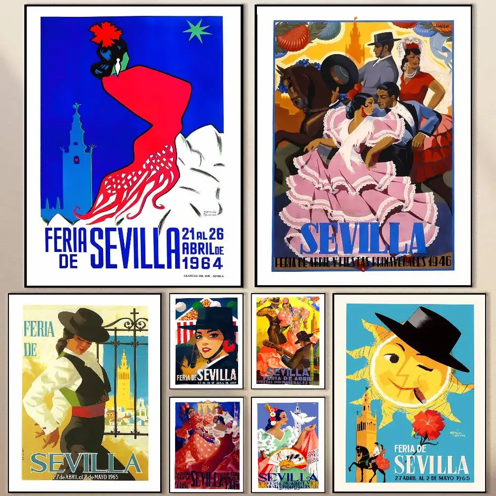 

Vintage Seville Travel Poster Modern Waterproof HD Wall Art Decal Self-Adhesive Aesthetic Decor for Home Living Room Bedroom Bar
