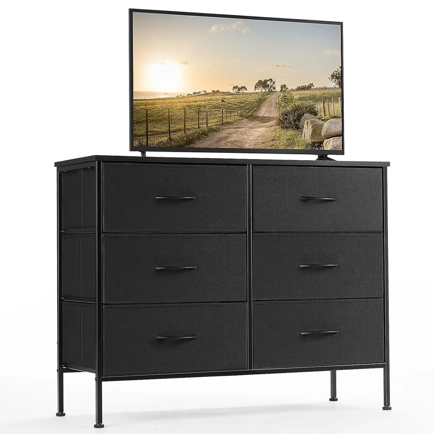 

Dresser for Bedroom, TV Stand for 45 Inch TV, 6-Drawer Fabric Storage Cabinet with Open Shelves, Console Table, Black