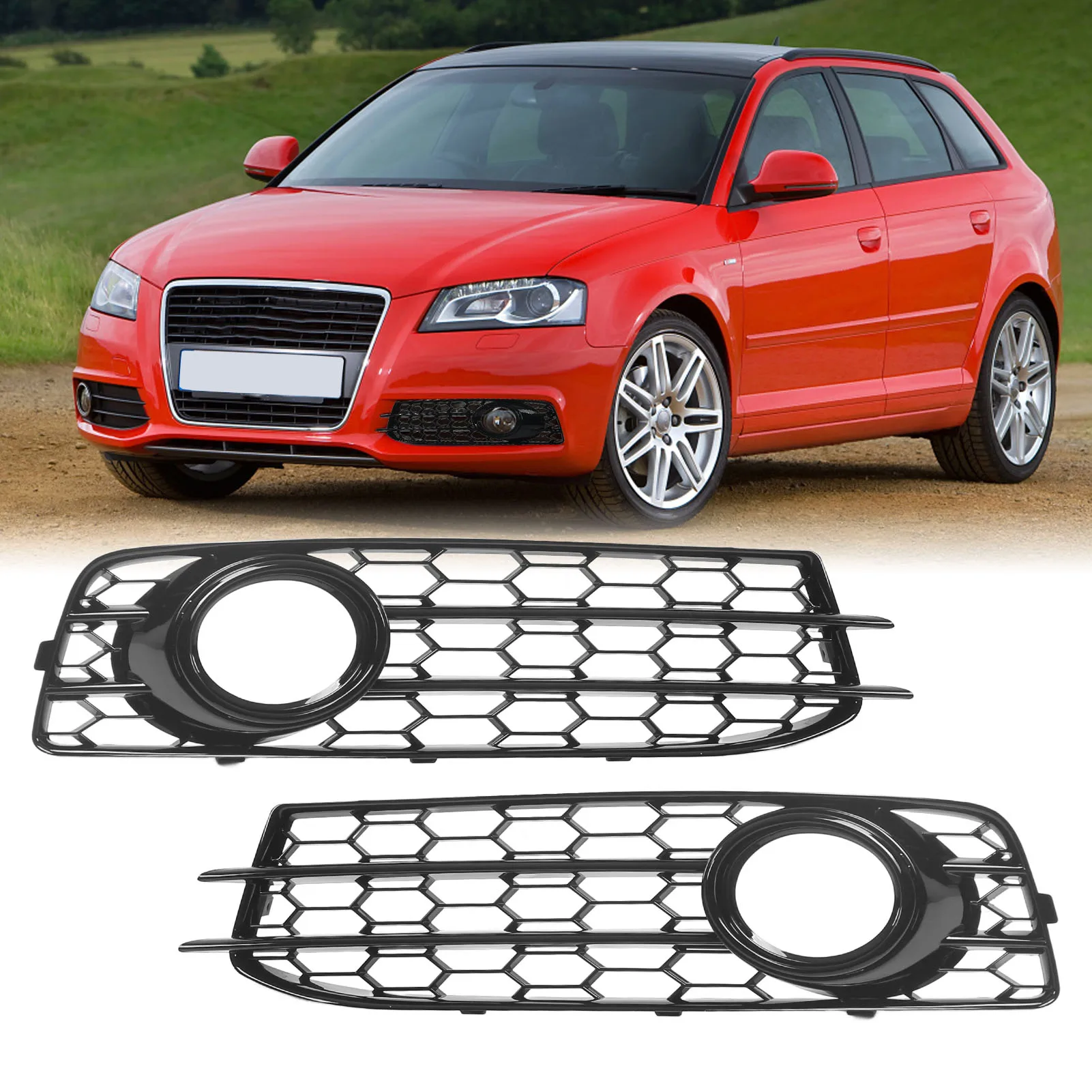 

2pcs Front Fog Light Grille Left Right 8P0807682 Glossy Black Replacement For A3 8P 2008‑2012