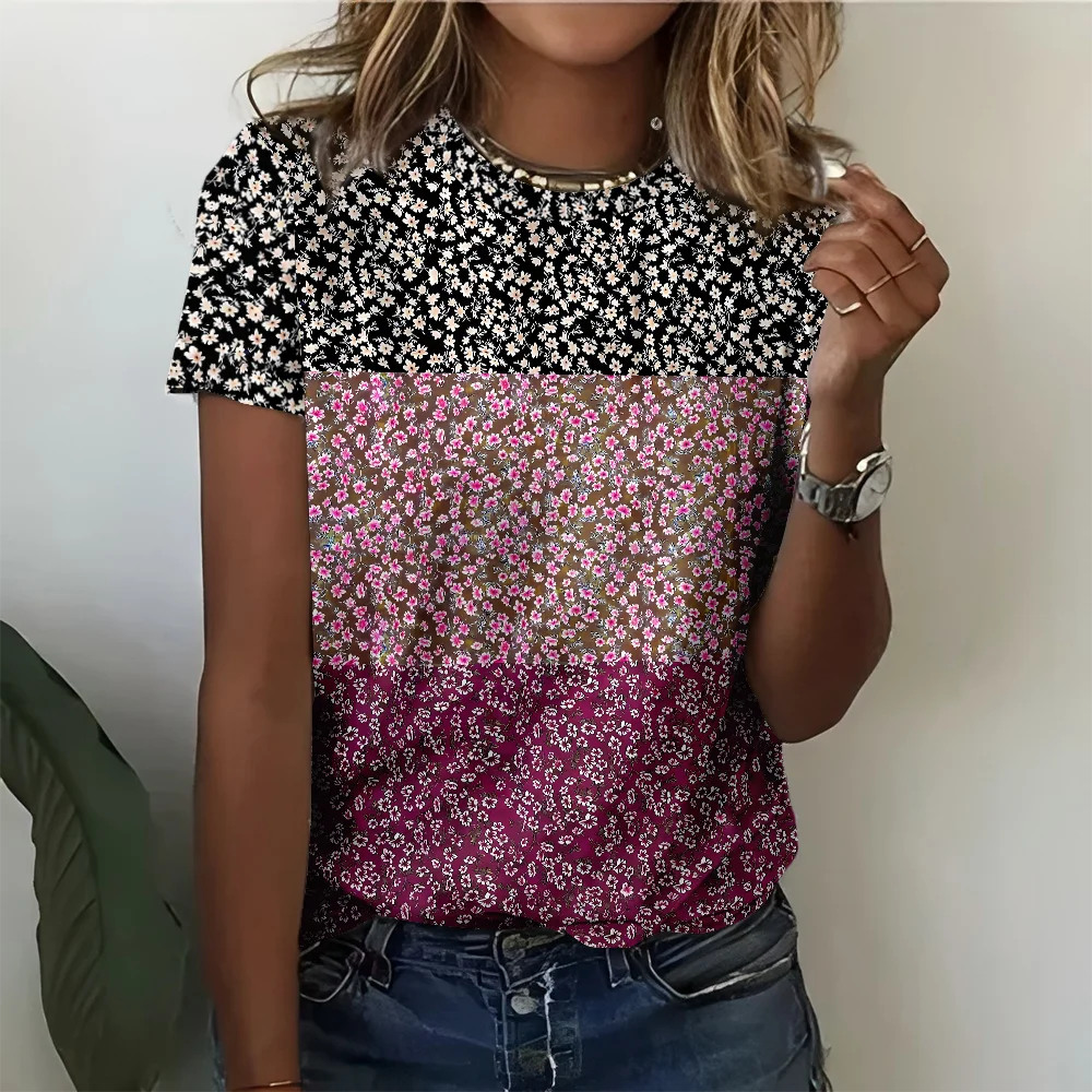 

Black Pink And Purple Women's Gradient Flower T-shirt - Summer Casual Fashion Comfortable Short Sleeve