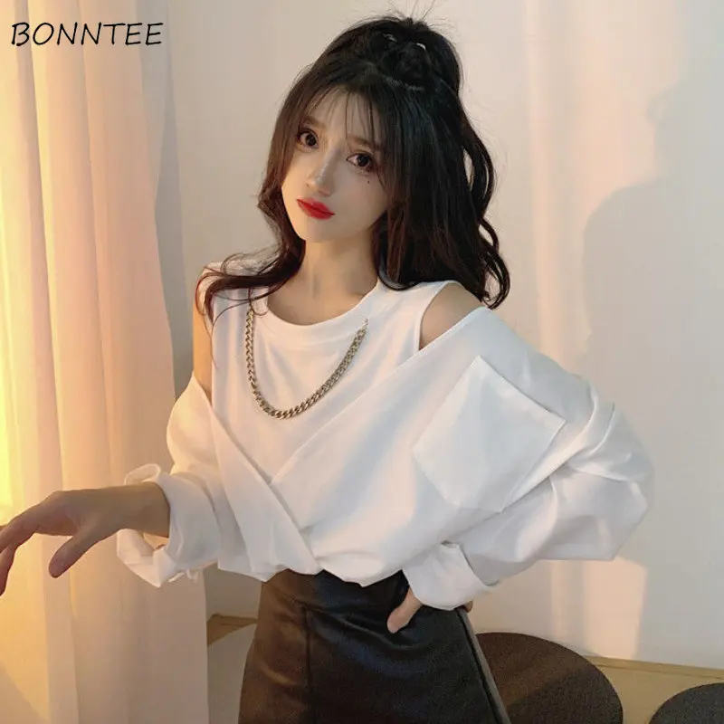 White Shirts Women Baggy Off Shoulder Temper Camisa Pure Fake Two Piece Minimalist Hotsweet Korean Fashion Clothing Spliced Crop