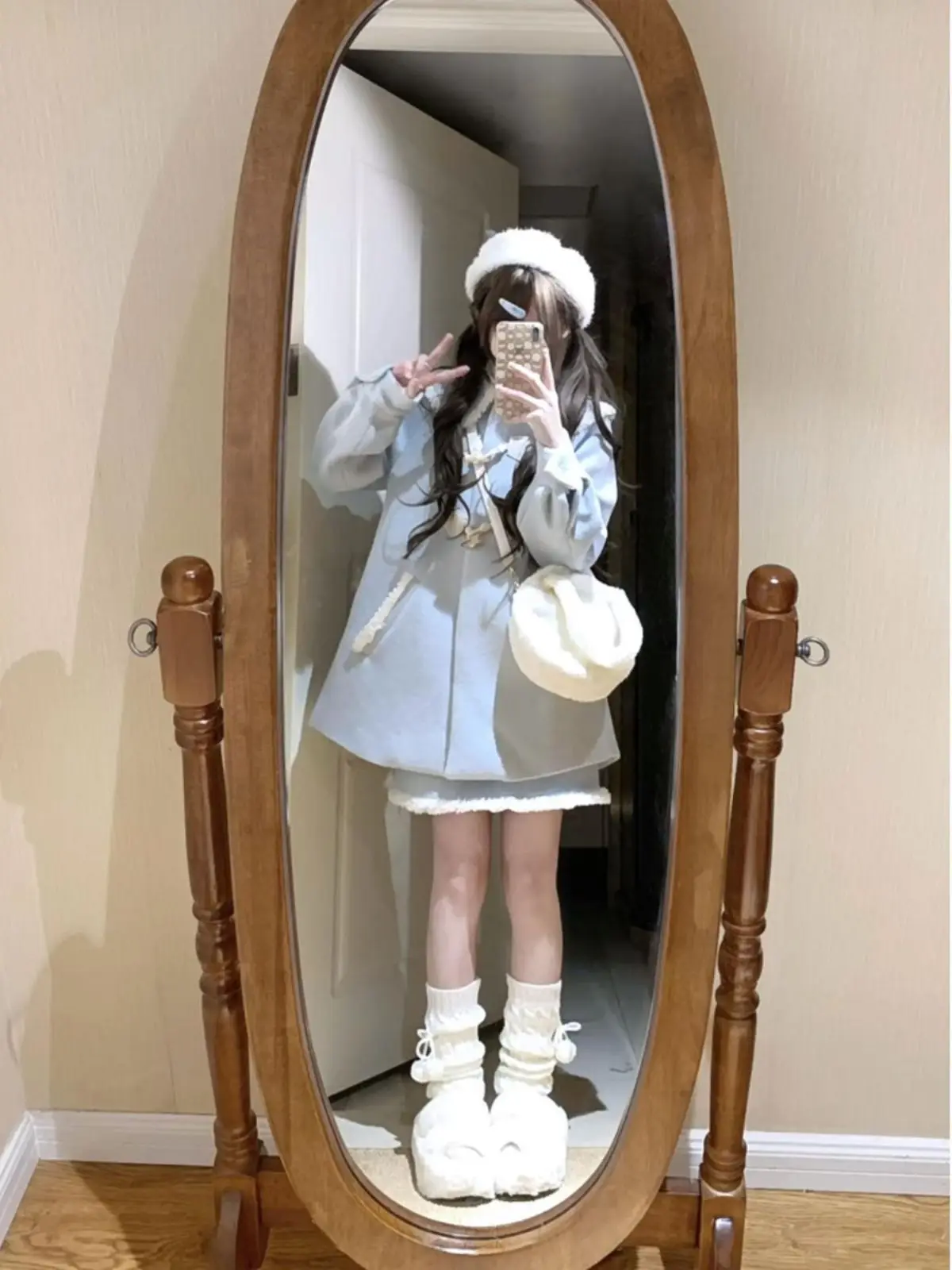 

Woolen Coat Doll Collar Two-Piece Set Women's Autumn Winter Faion College Sle Loose Fit Medium Length Coat with kets