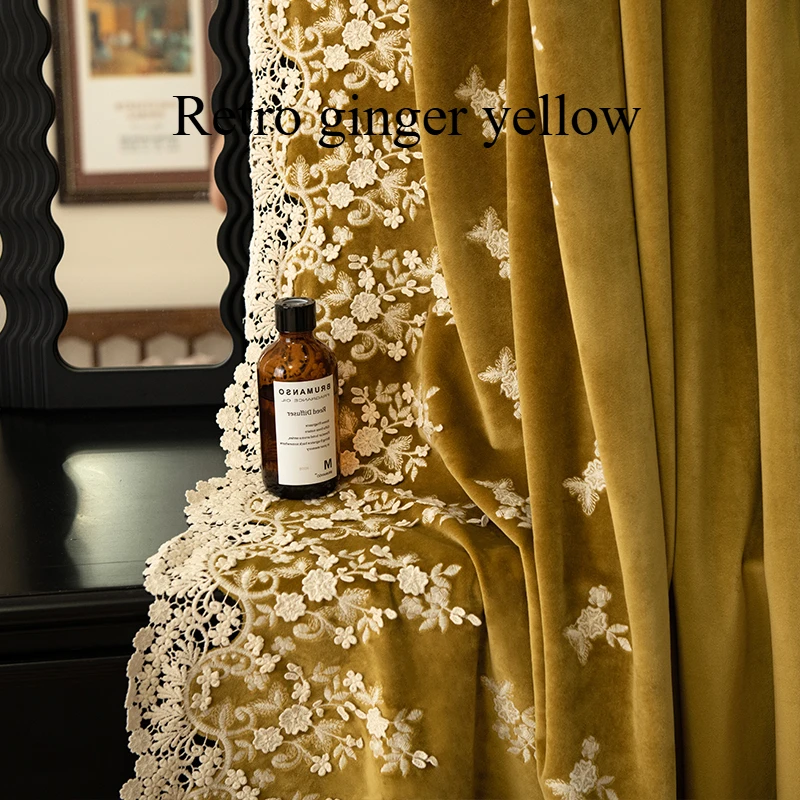 Retro Luxury Velvet Yellow Curtains for Living Room Embroidered French Lace Warm Curtains High-End Soft Thick Bedroom Curtains