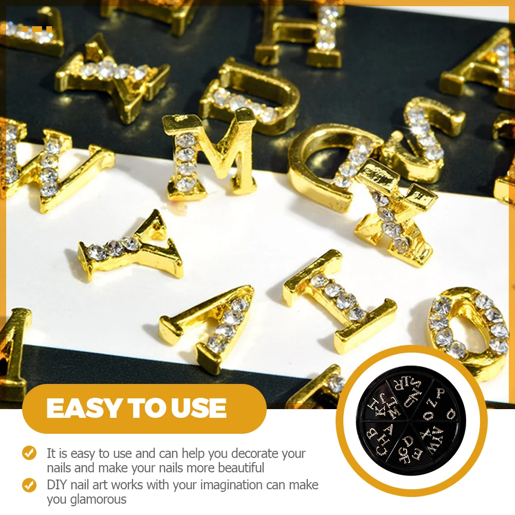 

52pcs Alphabet Nail Charms Letter Shape Rhinestone Alloy Manicure Decorations DIY Jewelry for Party Wedding Nail Art Lovers