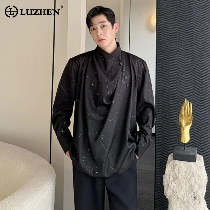 LUZHEN 2026 Asymmetric Sleeve Scrawl Fashion Long Pleated Shirts Personalized Muslim Streetwear High Quality Men Blouses JY8847