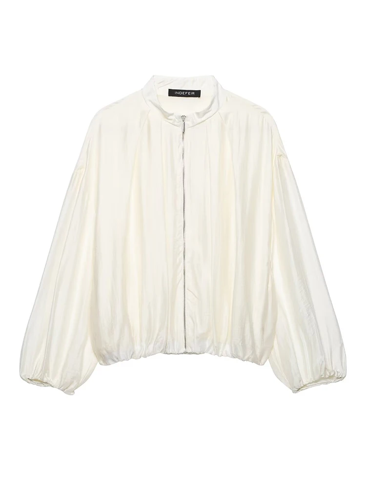 HH Women Spring Autumn Chic Off White Satin Bomber Jacket Stand Collar Zip Up Gathered Long Sleeve Elastic Hem For  Casual