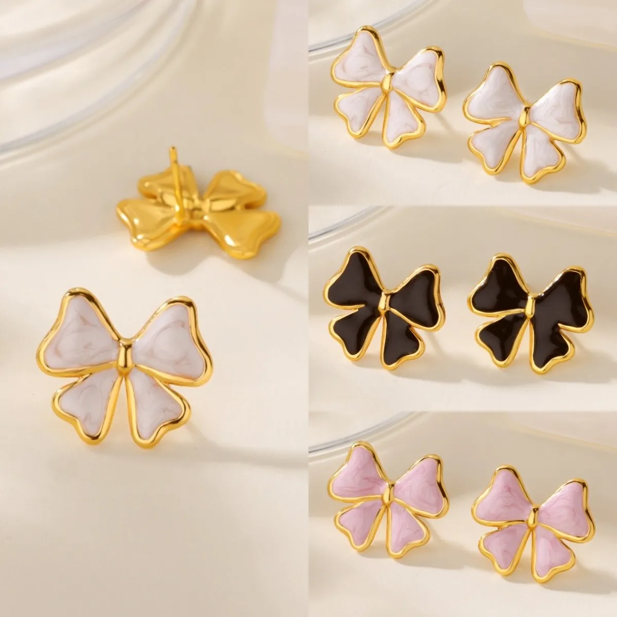 

Cute Colorful Bowknot Stainless Steel Gold Plated Earrings for Women Sweet Charm Drip Oil Earring Stud Jewelry Gift